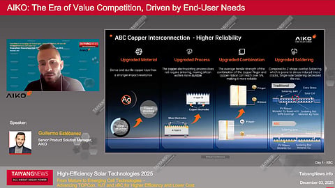 Guillermo Estébanez, Senior Product Solution Manager at AIKO, outlined the company's silver-free copper-plating metallization strategy for BC cells at a TaiyangNews conference
