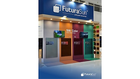 FuturaSun's booth at Intersolar Europe 2026 featured the Silk Nova Pure module with anti-soiling technology, colored architectural modules.