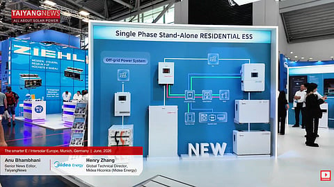 Midea Energy showcased its integrated residential energy solution combining battery storage, heat pumps, EV charging, and AI-based home energy management at Intersolar Europe 2026. (Photo Credit: TaiyangNews)