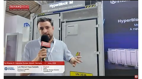 Luis Manuel Haya Carballo, Solutions Engineer at HyperStrong, presented the HyperBlock M modular utility-scale BESS at Intersolar Europe 2026.