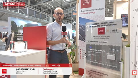 Lotfi Bounaas of CEA-Liten explains the institute's mechanical delamination technology for recovering valuable materials from end-of-life photovoltaic modules at Intersolar Europe 2026.