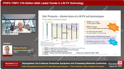ITRPV Steering Committee Chair Markus Fischer presented the roadmap’s outlook for crystalline silicon cell technologies at the TaiyangNews Cell & Module Production Equipment and Processing Materials Conference 2026.