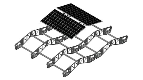 Amfisol’s east-west ground-mount system uses ballast instead of anchors and allows up to 15° of inclination between adjacent mounting units. (Image Credit: Amfisol)
