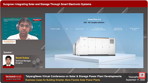 Savek Dubey presents Sungrow’s 1.78 MW/7.14 MWh PowerTitan 3.0 AC-coupled energy storage system, featuring 684 Ah cells and a claimed round-trip efficiency of 92%.