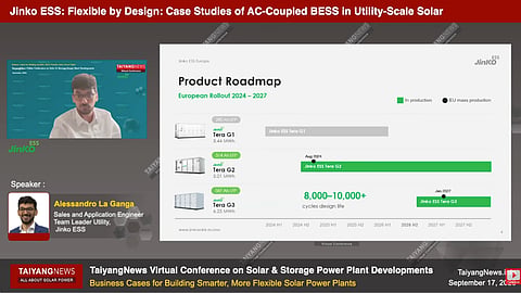 Jinko ESS’ Alessandro La Ganga presents the company’s Tera utility-scale battery storage roadmap, covering systems from 3.44 MWh to 6.25 MWh.