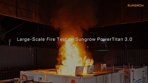 Sungrow’s PowerTitan 3.0 fully liquid-cooled ESS has completed a large-scale fire test involving a 28.56 MWh installation paired with a 7.4 MW medium-voltage substation.
