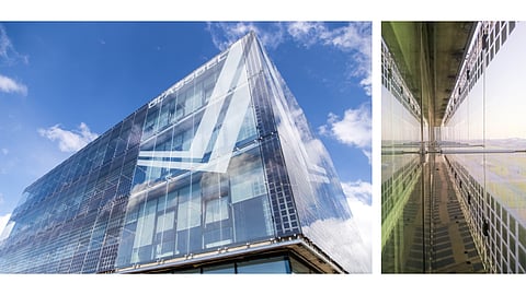 Semi transparent solar facade on Glassbel’s office building was made to look like a ‘second-skin’ for the building as part of EU-funded project SmartFlex. It does not obstruct the view and also keeps the building cool, according to the project partners. (Photo Credit: SmartFlex Solarfacades)