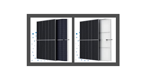 Trina Solar shared details of the 2 variants of its ultra-high-power monocrystalline solar modules calling them Vertex with more than 600 W output - it will offer a bifacial glass-glass (left) and monofacial glass-backsheet variant. (Photo Credit: Trina Solar)