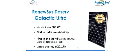 Soon after expanding its encapsulant and backsheet annual production capacity, RenewSys India has now launched a new 500W+ module claiming to be the 1st Indian company to launch a high power module with 505 W rating. (Photo Credit: RenewSys India Pvt. Ltd.)
