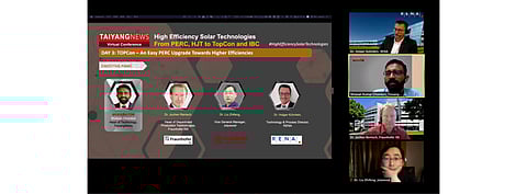 TOPCon was the subject of discussion during TaiyangNews High Efficiency Solar Technologies day 3 conference with an executive panel comprising Jolywood’s Dr. Liu Zhifeng, Fraunhofer ISE’s Dr. Jochen Rentsch and RENA Technologies’ Dr. Holger Kuhnlein discussing the technology with Shravan Chunduri from TaiyangNews. (Photo Credit: TaiyangNews)