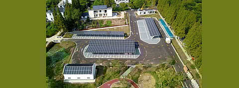 JinkoSolar’s first photovoltaic carport project in China has replaced the traditional membrane structure steel roof with the company's high-efficiency BIPV products. The carport has functions of both vehicle parking and car charging. (Photo Credit: JinkoSolar)
