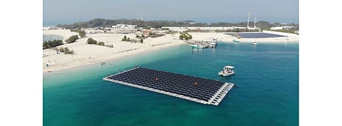 GCL System Integration’s 60 GW solar manufacturing project that aims to roll out 182mm and 210mm wafer sized solar modules, will get a helping hand from a 10 GW solar cell production project it plans to build in Leshan city. Pictured is a floating solar power plant off the coast of Nurai Island in the UAE for which the company provided its dual-glass solar modules. (Photo Credit: GCL System Integration)