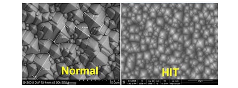 High texture surface uniformity of wafers is one of the major changes required for HJT cells compared to standard technology as depicted in these SEM images from S.C. New Energy. (Source: S.C. New Energy)