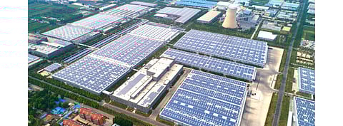 Sungrow is the inverter supplier for the pictured 120 MW rooftop solar project in an industrial park in China’s Shandong that’s spread on 43 rooftops. (Photo Credit: Sungrow)