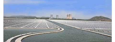 NTPC’s 25 MW floating solar power plant (in the picture) is located on the reservoir of its Simhadri Thermal Power Station in Vishakhapatnam in Andhra Pradesh. (Photo Credit: NTPC Ltd)
