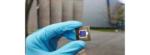 Pictured is the HZB’s 29.80% world record efficiency achieving tandem solar cell on an area of about 1 sq. centimeter. (Photo Credit: Amran Al-Ashouri/HZB)
