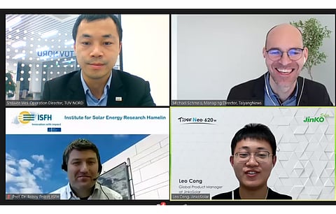 TaiyangNews Special Focus Webinar on TOPCon solar modules was moderated by our Managing Director Michael Schmela, with JinkoSolar’s Leo Cong, TÜV Nord’s Shawee Wei and ISFH’s Prof. Dr. Robby Peibst attending the panel. (Photo Credit: TaiyangNews)