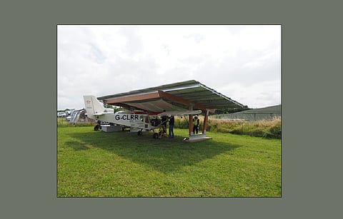 UK first electric aircraft charging point has a total of 33 Q CELLS solar installed on top of the hangar, which helps deliver greater long-term yield security and long-lasting, low maintenance performance under a 25-year performance warranty. (Photo Credit: Q CELLS)