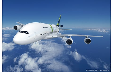 Pictured is A380 passenger aircraft of Airbus which the company plans to use as a flight test platform to mature hydrogen combustion technology. Airbus has joined hands with FFI to launch a green hydrogen-based aircraft by 2035. (Photo Credit: Airbus)