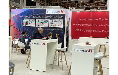 For a new HJT fab coming up in Europe, Singulus Technologies says it will supply its Silex equipment. Pictured is Singulus booth at Intersolar Europe 2022. (Photo Credit: TaiyangNews)