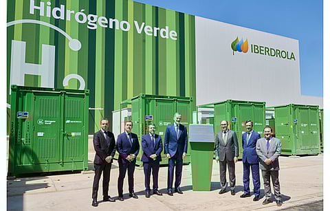 Pictured is King Felipe VI (4th from left) along with Iberdrola Chairman Ignacio Galán (3rd from right) during the inauguration of the green hydrogen plant in Puertollano in Spain. (Photo Credit: Iberdrola)
