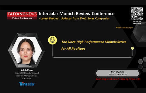 Adele Zhao, Head of EU Marketing and Product Management from Trina Solar will be speaking at the TaiyangNews Intersolar Munich Review Virtual Conference on May 24 2022. For #FreeRegistration, scan the QR Code in the picture above. (Photo Credit; TaiyangNews)
