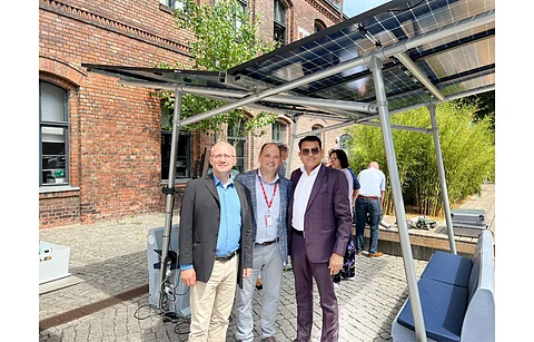 GIZ believes the pilot PV Port & ComPort project in Germany will enable further study into the installation of ‘urban PV’ systems across various user segments. Pictured are (from L-R) RENAC AG’s MD Berthold Breid, GIZ Principal Advisor Joerg Gaebler, and SPSL’s MD Raman Bhatia at EUREF Campus in Berlin. (Photo Credit: Servotech Power Systems Limited)
