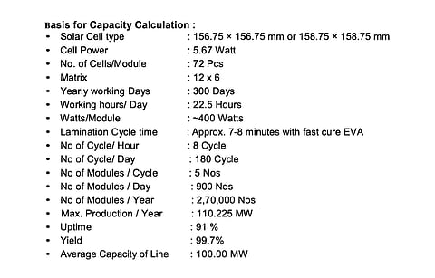 REIL’s tender for 100 MW automatic manufacturing line specifies these details for the same to be installed on turnkey basis. (Source: REIL)