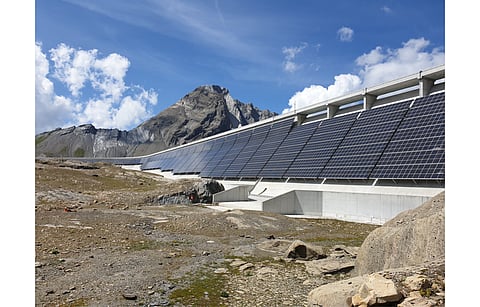 Free from fog because of the high altitude and reflections off the snow are expected to ensure Axpo’s 2.2 MW AlpinSolar Power Plant in Switzerland generates more than 3 times power than a comparable facility in the Swiss midlands during winter. (Photo Credit: Axpo)