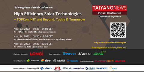 The focus of TaiyangNews Virtual Conference on High Efficiency Solar Technologies – TOPCon, HJT and Beyond, Today & Tomorrow will also be on commercial high-efficiency cell technologies – from Passivated Contacts (TopCon) to Heterojunction (HJT), and also the next-gen cell technologies. Do join. To register, please scan the QR Code in the picture above. (Photo Credit: TaiyangNews)