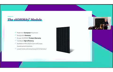 Pictured is a screen shot of 1Komma5º presentation where the company’s Co-Founder and CPO Jannik Schall (inset) unveiled the company’s new solar module to be made using non-Chinese polysilicon. (Photo Credit: TaiyangNews)