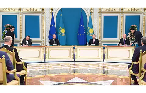 Svevind’s Wolfgang Kropp (far left) and First Deputy Prime Minister Republic of Kazakhstan (far right) Roman Sklyar signed the investment agreement in the presence of Kazakh President Kassym-Jomart Tokayev and President of the European Council Charles Michel. (Photo Credit: Akorda)