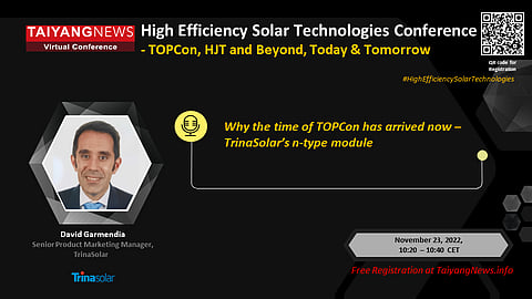 David Garmendia, Senior Product Marketing Manager from TrinaSolar to speak on Day 1 of TaiyangNews Virtual Conference on High Efficiency Solar Technologies – TOPCon, HJT and Beyond, Today & Tomorrow. To listen to him, Register Now by scanning the QR code in the picture above or by visiting our website. (Photo Credit: TaiyangNews)