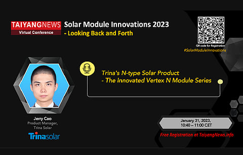 To listen to Jerry Cao, Product Manager of Trina Solar, speak at the TaiyangNews Solar Module Innovations Conference, do register now by scanning the QR code in the image above. The registrations are for free. (Photo Credit: TaiyangNews)