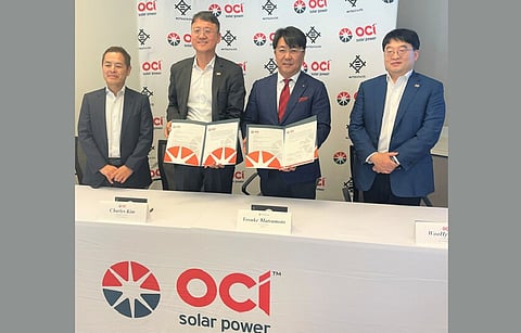 OCI Solar Power and Mitsui USA sign an agreement to develop solar energy projects in Texas. Signing the agreement on behalf of the companies were (from left to right) Eiji Yanagawa, President & CEO, Mitsui & Co. Energy Marketing and Services (USA) Inc.; Charles Kim, President & CEO, OCI Solar Power; Yosuke Matsumoto, SVP & DOO, Mitsui; WooHyun Lee, Vice Chairman, OCI Company Ltd. (Photo Credit: OCI Solar Power)