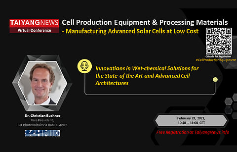 To listen to Dr Christian Buchner, Vice President, BU Photovoltaics SCHMID Group speak on Innovations in Wet-Chemical Solutions for the State of the Art and Advanced Cell Architectures, register now by scanning the QR code in the picture above. (Photo Credit: TaiyangNews)