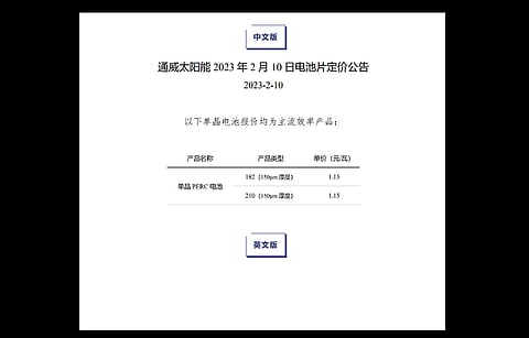 In the latest announcement in February 2023, there has been a rise in Tongwei Solar’s monocrystalline PERC cells prices. (Photo Credit: Tongwei)