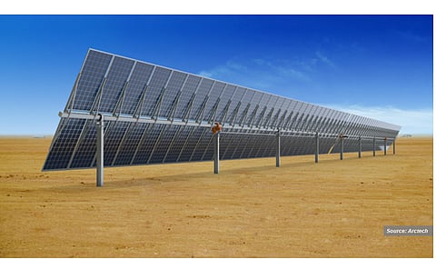 Synchronous connection: The SkySmart II from Arctech uses a synchronous multi-point slew drive with direct gearboxes, but equipped with one motor and controller which enable the SkySmart II models to be synchronously connected and driven by a transmission rod. (Source: Arctech)