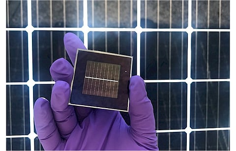 Pictured is a PIN tandem perovskite-silicon cell measuring 5x5 cm-9 cm² active area. Enel Green Power, 3Sun and CEA-INES have reported 27.1% cell efficiency for the same. (Photo Credit: D. Cherpin CEA)