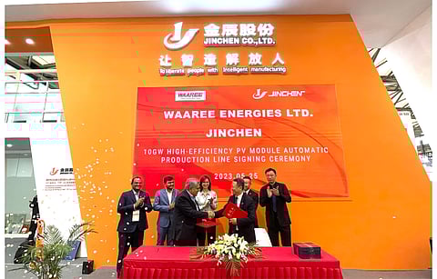 Jinchen and Waaree signed the 10 GW deal at SNEC 2023 recently. (Photo Credit: Jinchen Co Ltd)