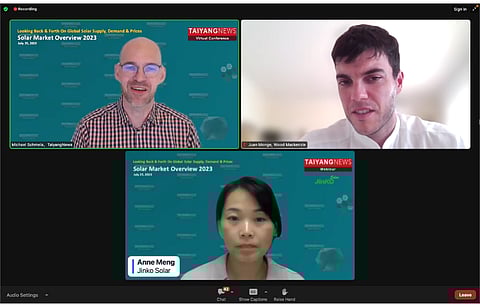TaiyangNews Solar Market Overview 2023 Webinar had Wood Mackenzie’s Juan Monge and JinkoSolar’s Anne Meng on the executive panel, moderated by TaiyangNews’ Michael Schmela. (Photo Credit: TaiyangNews)