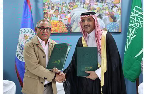 Pictured are Prime Minister of Belize John Briceño (l) and SFD CEO Sultan Al-Marshad (r) during the $77 million developing loan signing agreement for a solar power plant in the Latin American nation. (Photo Credit: Saudi Fund for Development)