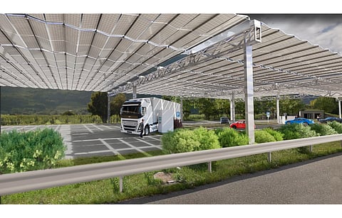 Pictured is an artist’s impression of ABCD-Horizon’s solar roofs along Swiss highways. (Photo Credit: dhp technology AG)