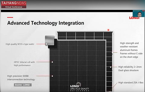 Feature-rich: The latest Hi-MO7 module series from LONGi combines several features such as SMBB intercommunion, 2 mm dual glass, high strength aluminum frame and without C-side on short edge. (Source: LONGi)