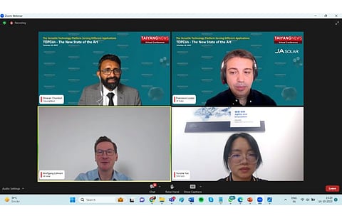 The executive panel at the Special Focus Webinar on TOPCon, moderated by TaiyangNews’ Shravan Chunduri, discussed the technology and reliability aspects with JA Solar’s Francesco Liuzza and Wolfgang Löhnert, along with TÜV SÜD’s Yunzhe Yan. (Photo Credit: TaiyangNews)