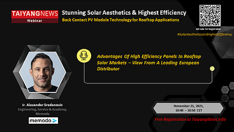 Memodo’s Alexander S. will be speaking at TaiyangNews Special Focus Webinar tomorrow, November 21, 2023, titled Stunning Solar Aesthetics & Highest Efficiency from 10:00 – 11:00 CET. Scan the QR Code to register for free. (Photo Credit: TaiyangNews)