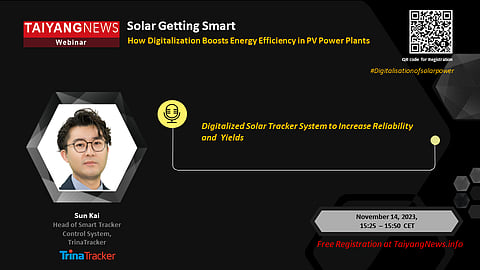 At TaiyangNews Special Focus Webinar On Nov 14, 2023, TrinaTracker’s Sun Kai will be addressing the topic: Digitalized Solar Tracker System to Increase Reliability and Yields. Scan the QR code to register for free. (Photo Credit: TaiyangNews)