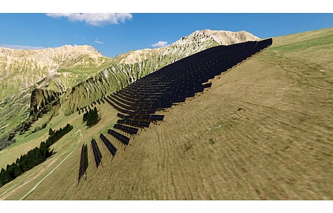 Here’s how the 11 MW Adelboden Schwandfäl alpine solar plant, one out of 6 proposed by BKW, will look on completion. (Photo Credit: BKW)