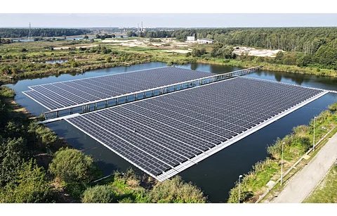 Pictured is the 2.1 MW floating solar power plant in Latvia with RECOM solar panels. (Photo Credit: Recom Technologies)
