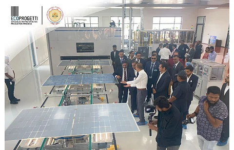 RIL boss and PDEU President Mukesh Ambani attended the inauguration of Ecoprogetti’s 50 MW solar panel manufacturing line at PDEU, along with the India Managing Director of the Italian company, Rajen Shah. (Photo Credit: Ecoprogetti)